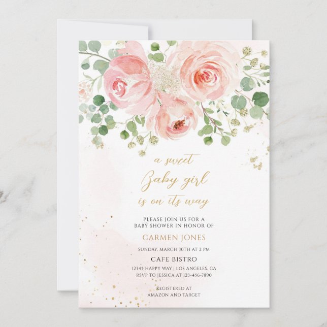 Invitation Baby-Shower Fille Fleur Rose Pâle (Devant)