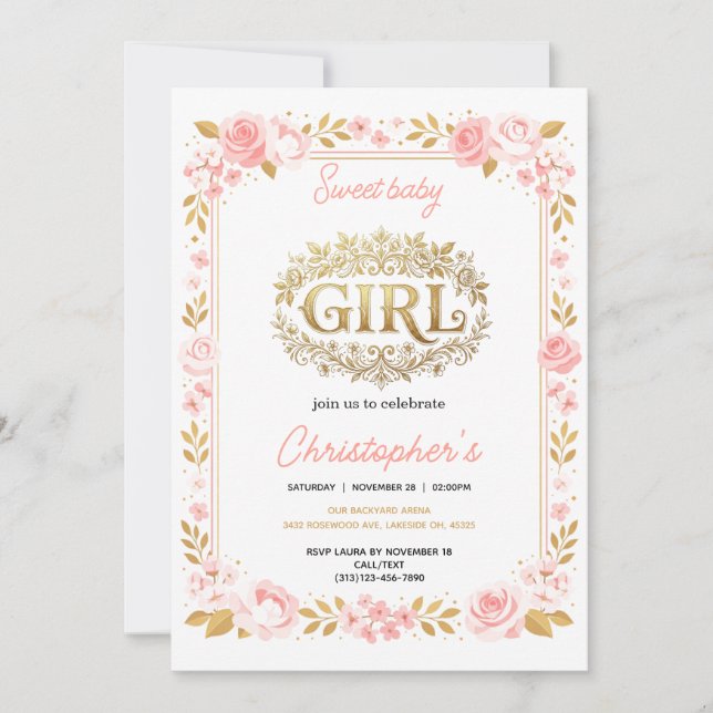 Invitation Baby Shower Fille Fleur Rose Pâle & Or (Devant)