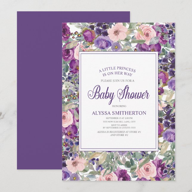 Invitation Baby Shower Fille Fleur Rose Violet (Devant / Derrière)