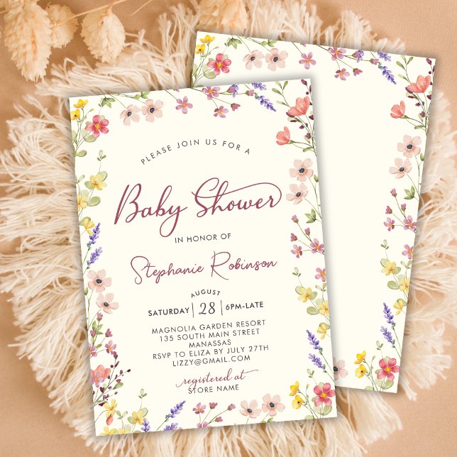 Invitation Baby shower fille Fleur sauvage de chic Script Boh (Créateur téléchargé)