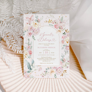 Invitation Baby shower fille Fleur sauvage de la cigogne rose