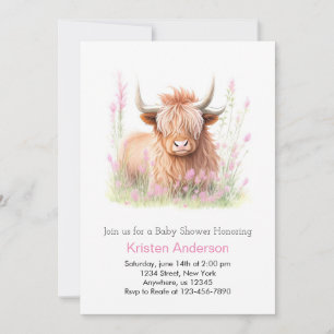 Invitation Baby shower fille Fleur sauvage de vache Rose Cute