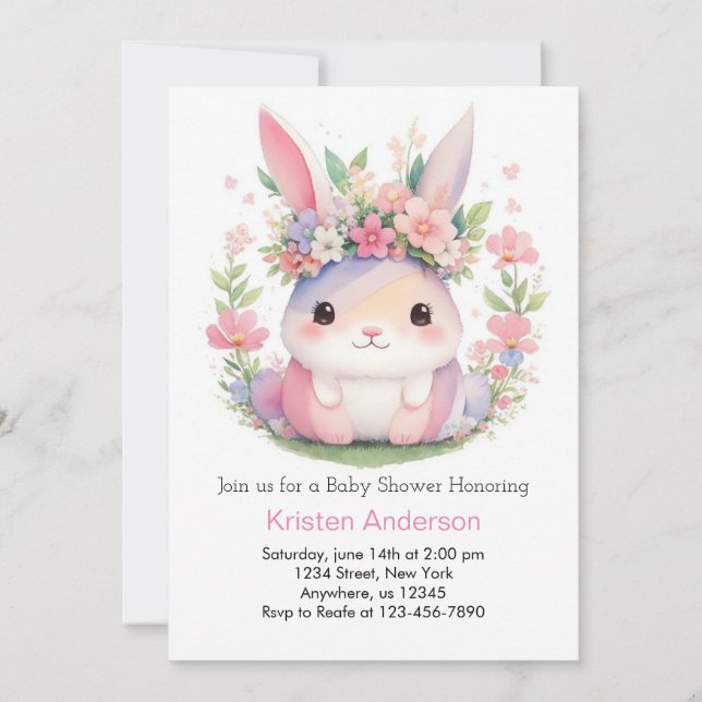 Invitation Baby shower fille Fleur sauvage lapin rose mignon (Devant)