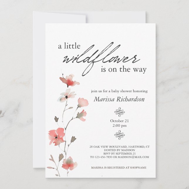 Invitation Baby shower fille Fleur sauvage rose (Devant)
