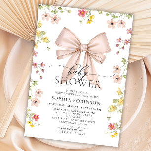 Invitation Baby shower fille Fleur sauvage rose moderne migno