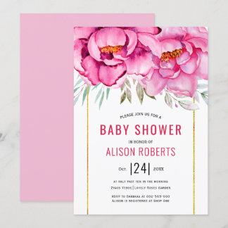 Invitation Baby shower fille fleurie à l'aquarelle rose