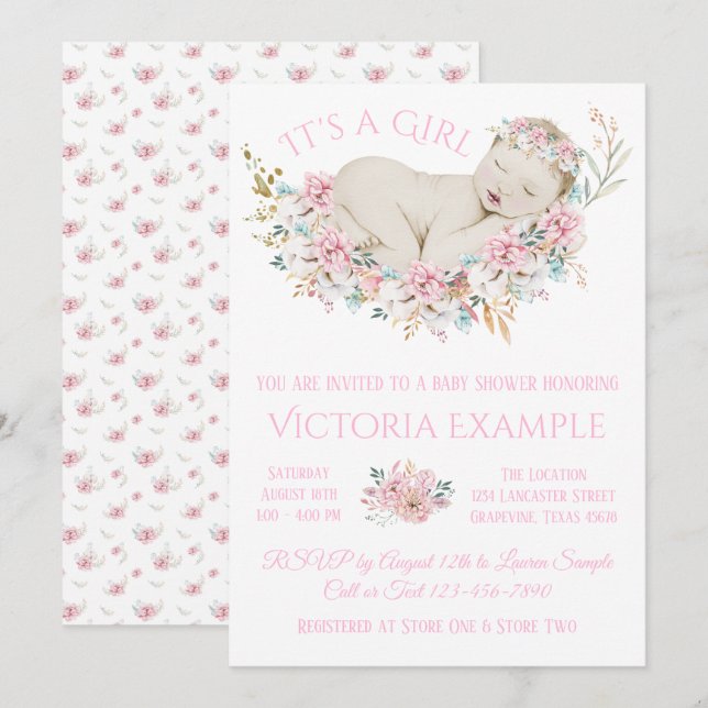 Invitation Baby Shower Fille Fleurs Aquarelle (Devant / Derrière)