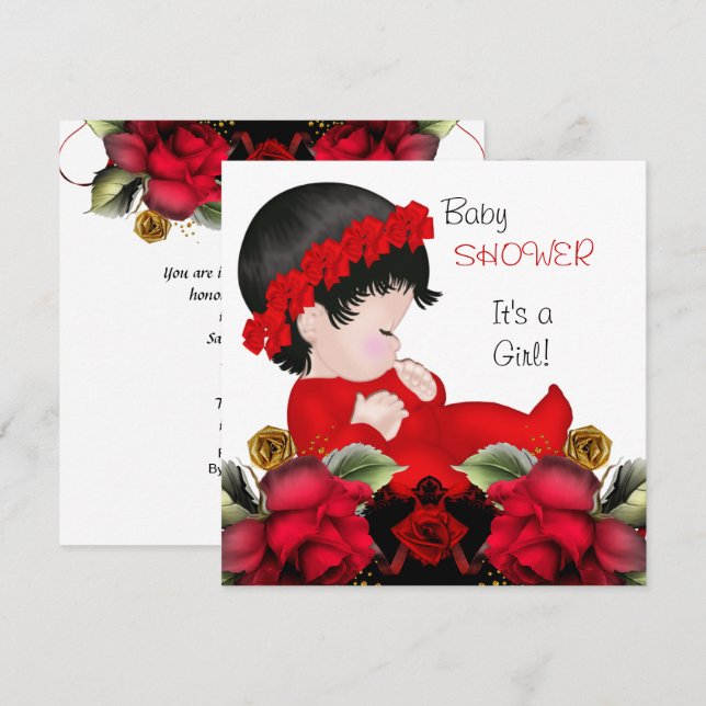 Invitation Baby Shower Fille Fleurs de Rose Rouge 4a (Devant / Derrière)