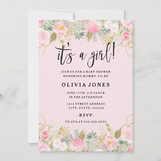 Invitation Baby Shower Fille Fleurs Douces Rose (Devant)