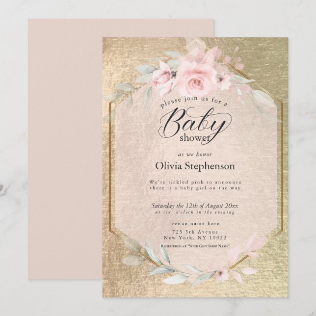 Invitation Baby Shower Fille Fleurs Rose Gold (Devant / Derrière)