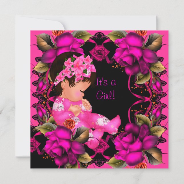 Invitation Baby Shower Fille Fleurs Rose Rose 2 (Devant)