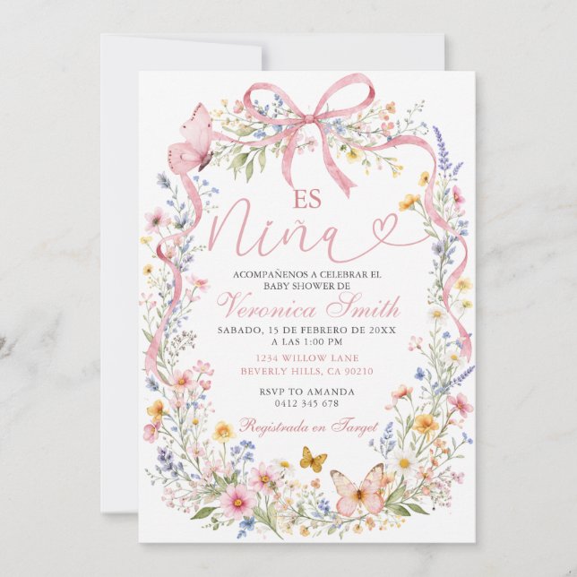 Invitation Baby Shower Fille Fleurs Sauvages (Devant)