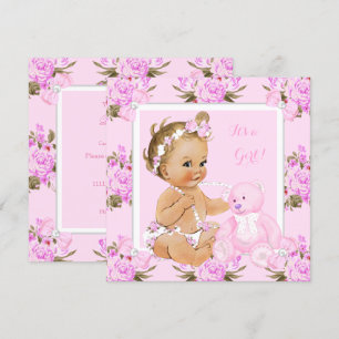 Invitation Baby shower fille fleurs vintage ourson rose blond