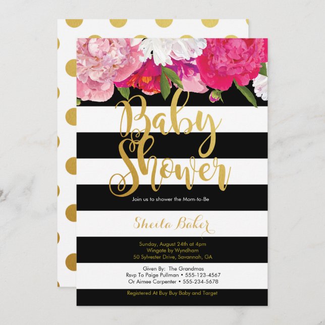 Invitation Baby shower fille - Floral noir blanc (Devant / Derrière)