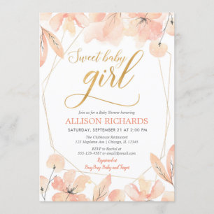 Invitation Baby shower fille floral or rose pâle
