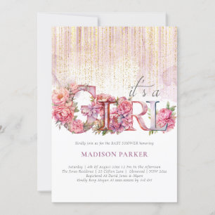 Invitation Baby shower fille Floral rose Parties scintillant