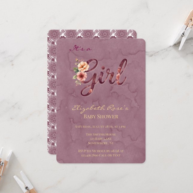 Invitation Baby Shower Fille Florale (Devant/Arrière en situation)