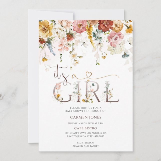 Invitation Baby Shower Fille Florale (Devant)