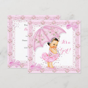 Invitation Baby Shower Fille Florale Parapluie Rose Poudré