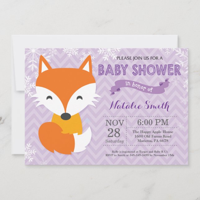 Invitation Baby shower fille Fox violet hiver (Devant)