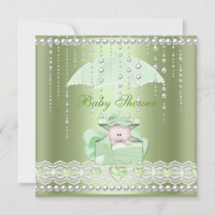 Invitation Baby shower fille garçon bébé menthe parapluie Pea