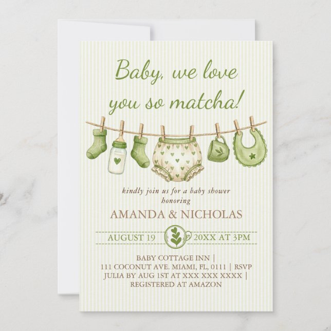 Invitation Baby Shower Fille Garçon Matcha (Devant)