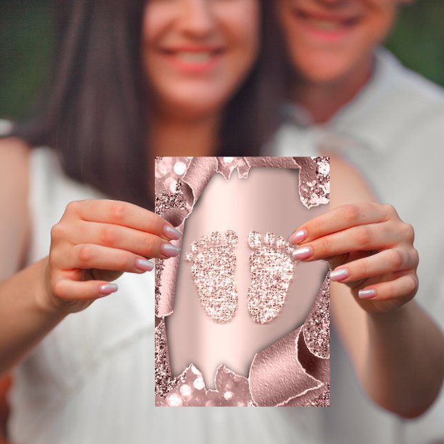 Invitation Baby shower fille garçon Pieds Glam Rose rose 3D (Baby Shower Girl Boy Feet Glam Rose Pink 3D Invitation)