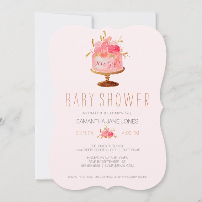 Invitation Baby Shower Fille Gâteau Floral Rose (Devant)