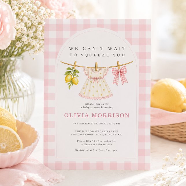 Invitation Baby Shower Fille Gingham Rose Citron (Créateur téléchargé)