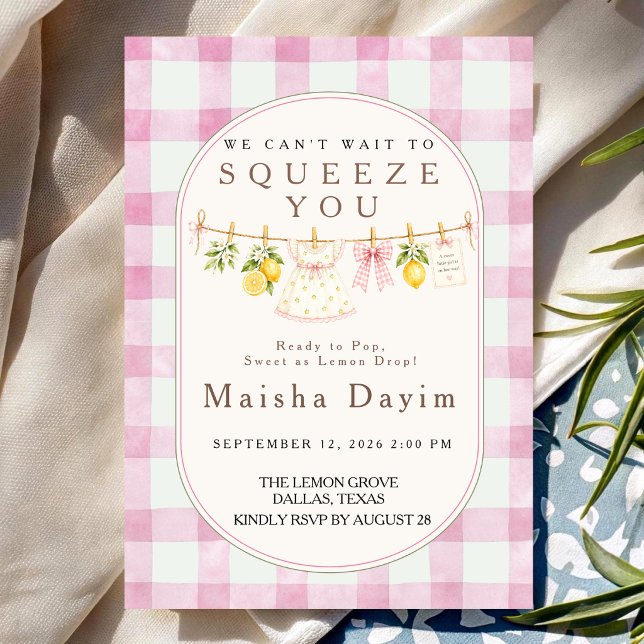 Invitation Baby Shower Fille Gingham Rose Citron  (Créateur téléchargé)