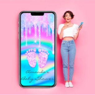 Invitation Baby shower fille goutte Unicorne Holographe Opal