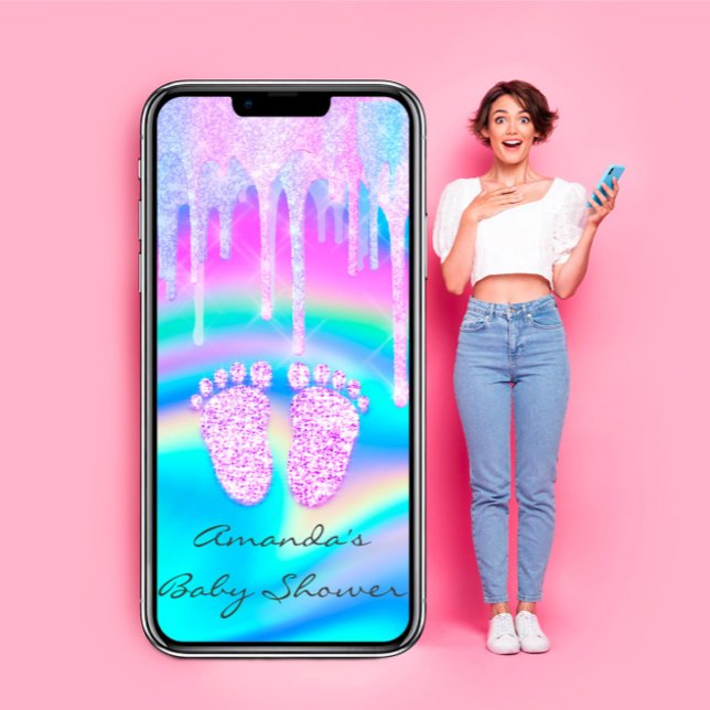 Invitation Baby shower fille goutte Unicorne Holographe Opal (Créateur téléchargé)