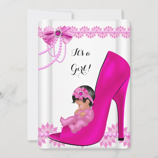 Invitation Baby shower fille Hot rose bébé chaussure dentelle (Devant)