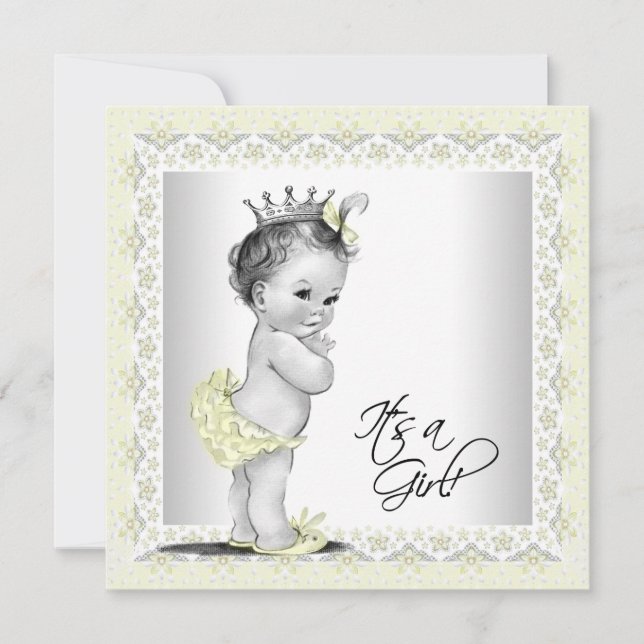 Invitation Baby Shower Fille Jaune et Gris (Devant)