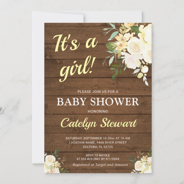 Invitation Baby Shower Fille Jaune Floral Blanc Bois Rustique (Devant)