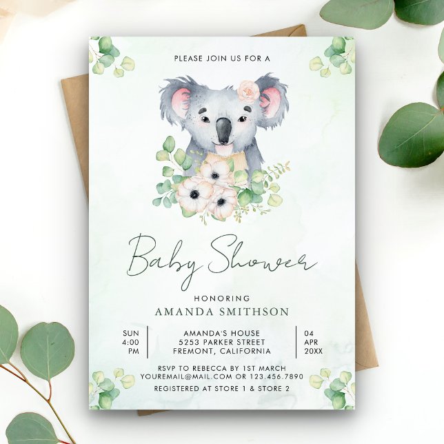 Invitation Baby Shower Fille Koala Eucalyptus Floral (Créateur téléchargé)