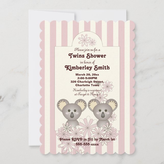 Invitation Baby shower fille Koala Twin Rose Stripe mignonne (Devant)