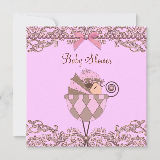 Invitation Baby Shower Fille Lace Perles Rose Marron (Devant)
