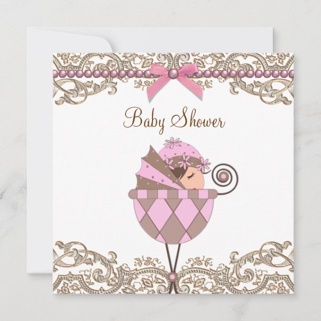 Invitation Baby Shower Fille Lace Perles Rose Marron (Devant)