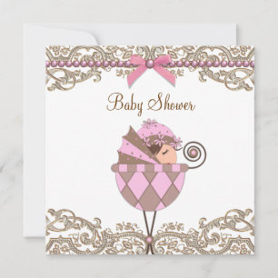 Invitation Baby Shower Fille Lace Perles Rose Marron