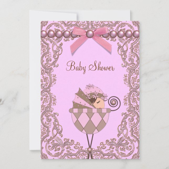 Invitation Baby Shower Fille Lace Perles Rose Marron (Devant)