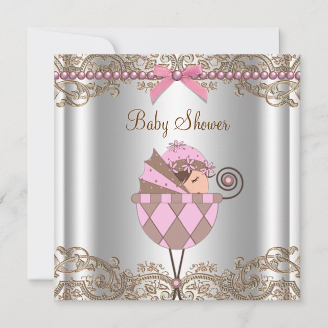 Invitation Baby Shower Fille Lace Perles Rose Marron (Devant)