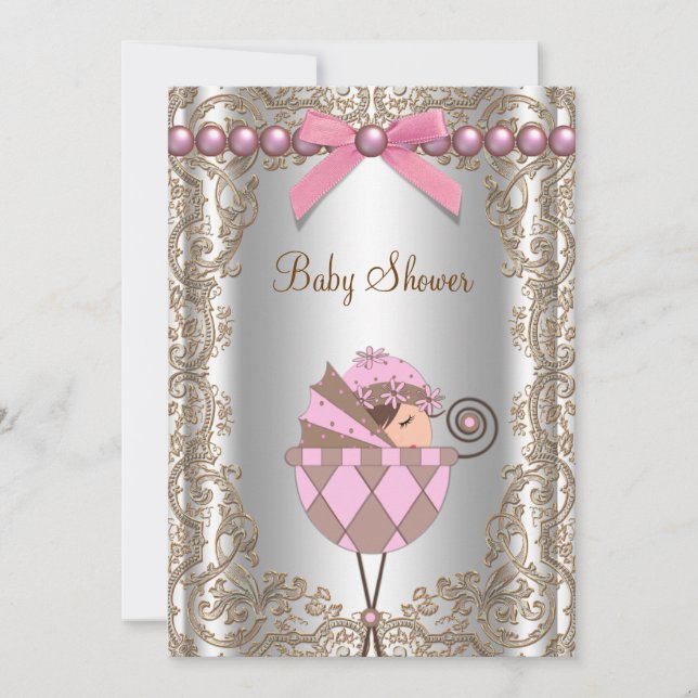Invitation Baby Shower Fille Lace Perles Rose Marron (Devant)