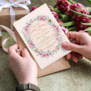 Invitation Baby shower Fille Lapin Cute Peach Floral