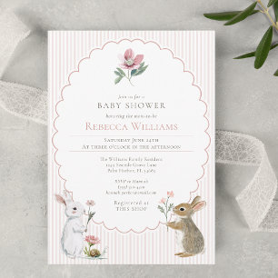 Invitation Baby Shower Fille Lapin des Bois Rayures Roses