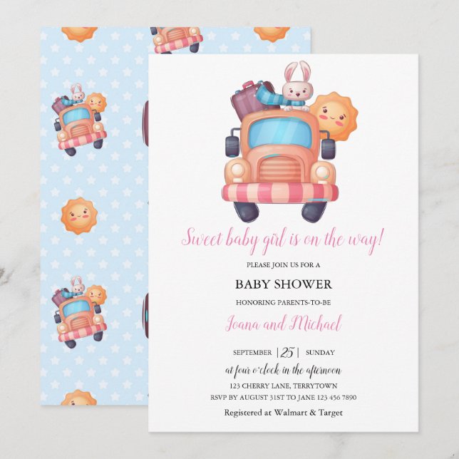 Invitation Baby shower fille lapin mignonne (Devant / Derrière)