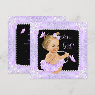 Invitation Baby shower Fille Lavande Papillon Tutu Blonde