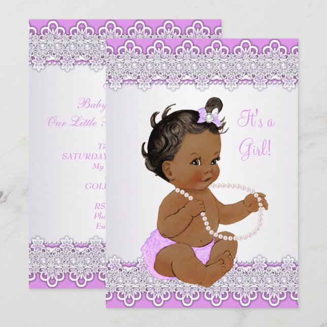 Invitation Baby shower fille Lavender Lace Pearl Ethnique (Devant / Derrière)