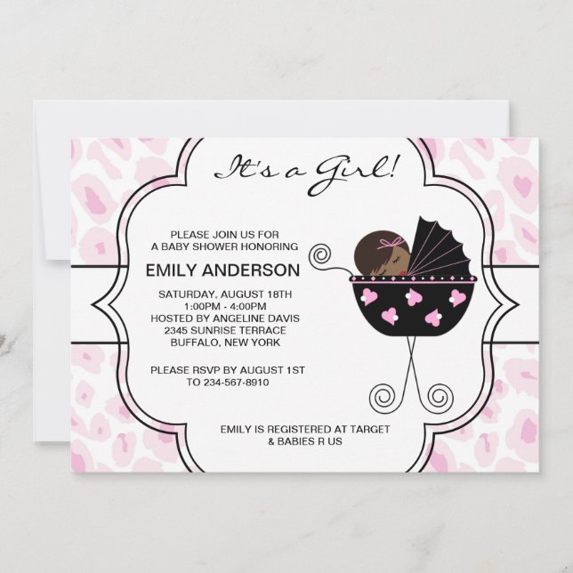 Invitation Baby Shower Fille Léopard Noir Rose (Devant)