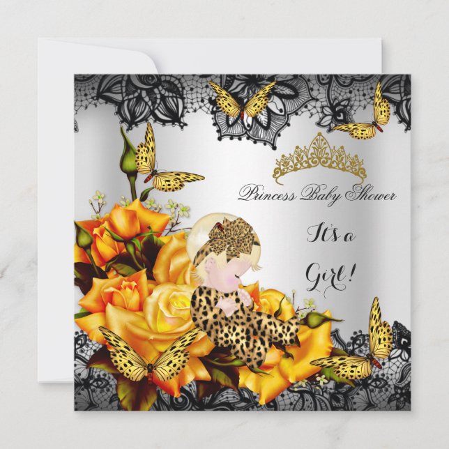 Invitation Baby Shower Fille Léopard Papillon Jaune Gris (Devant)